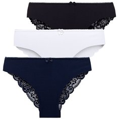 Magic lady Набор трусов слипы средней посадки с кружевом и бантиком, 3 шт., размер 42-44, черный/темно-синий/белый
