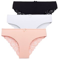Magic lady Набор трусов слипы средней посадки с кружевом и бантиком, 3 шт., размер 44-46, белый/черный/персик