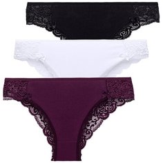 Magic lady Набор трусов слипы средней посадки с кружевом, 3 шт., размер 44-46, белый/черный/фиолетовый