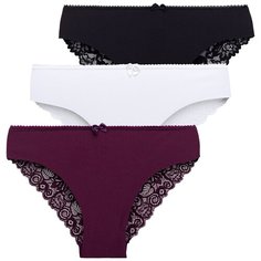 Magic lady Набор трусов слипы средней посадки с кружевом и бантиком, 3 шт., размер 42-44, белый/черный/фиолетовый