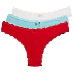 Magic lady Набор трусов бразильяна с кружевом, 3 шт., размер 46, светло-бежевый/бирюзовый/красный