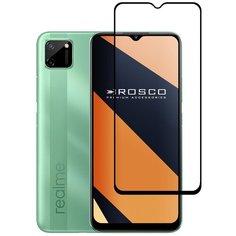 Защитное стекло с черной рамкой ROSCO для Realmi C11 и C20 (Реалми / Риалми С11 и С 20), силиконовая клеевая основа