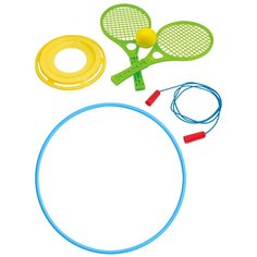 Набор активные игры 4в1/ Летающий диск + Набор для тенниса + Скакалка спортивная + Обруч 60 см голубой, ZEBRATOYS