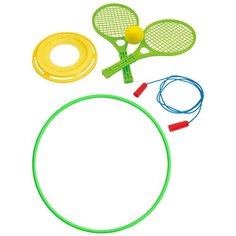 Набор активные игры 4в1/ Летающий диск + Набор для тенниса + Скакалка спортивная + Обруч 60 см зеленый, ZEBRATOYS