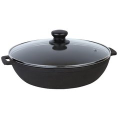 Сковорода жаровня чугунная МАЙСТЕРНЯ 260х60мм с литыми ручками-ушками и крышкой стекло, цвет чёрный Maysternya