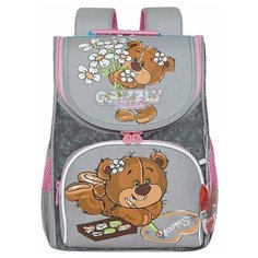 Ранец школьный RAm-084-6 компактный и очень легкий + мешок для обуви, для девочек, принт Медвежонок Grizzly