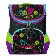 Ранец школьный RAn-082-1 раскладной, эргономический, для девочек, принт Сердце и звезды, черный-фиолетовый Grizzly