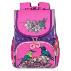 Ранец школьный RAm-084-3 компактный и очень легкий + мешок для обуви, для девочек, принт Птицы, фиолетовый - розовый. Grizzly