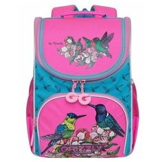 Ранец школьный RAm-084-3 компактный и очень легкий + мешок для обуви, для девочек, принт Птицы, голубой - розовый. Grizzly