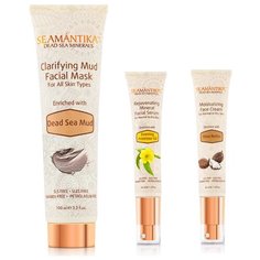 SEAMANTIKA Набор: Маска осветляющая для лица с грязью мертвого моря Dead Sea Mud (для всех типов кожи) 100 мл, Крем увлажняющий для лица с маслом ши Shea Butter (для нормальной и сухой кожи) 40 мл, Сывортка минеральная омолаживающая для лица с маслом 
