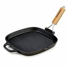 Сковорода-гриль чугунная квадратная 23х23см со съемной складной деревянной ручкой BE-4522G/23 Webber