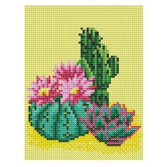 Алмазная мозаика, классическая "Кактусы с цветами", 17х22 см (с подрамником, с полным заполнением) Рыжий кот