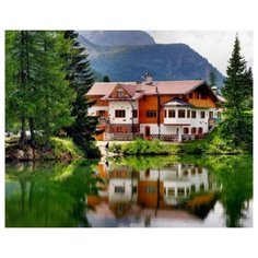 Алмазная мозаика "Дом у горного озера", блестящая, 22х32 см (с подрамником, с полным заполнением) Рыжий кот