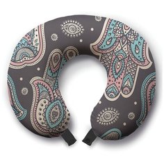 Подушка для шеи Ambesonne Хамса с завитками, серый/розовый/голубой