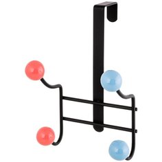 Вешалка на дверь 13х12х18,5 см EL Casa Черная с 4 крючками с цветными пластиковыми шариками красными синими