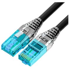 Патч-корд UTP для подключения к интернету GCR LSZH, кат5e, ethernet high speed 1 Гбит/с, CCA, RJ45, сборный, малодымный, черный + коннектор синий, 0.15м