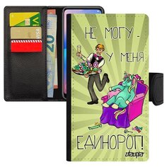 Чехол книжка на смартфон Xiaomi Redmi note 6 Pro, "Не могу - сижу с единорогом!" Карикатура Utaupia