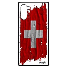 Чехол на смартфон Samsung Galaxy Note 10, "Флаг Швейцарии на ткани" Государственный Патриот Utaupia