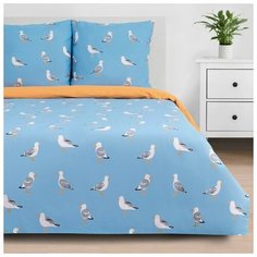 Постельное белье евростандарт Этель Seagulls, бязь, 70 х 70 см, голубой/оранжевый