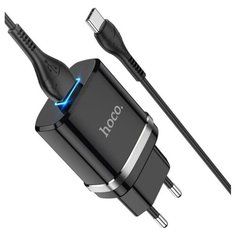 Сетевое зарядное устройство HOCO N1 Ardent + кабель TypeC, функция быстрой зарядки, 2.4A, подсветка. Цвет- черный