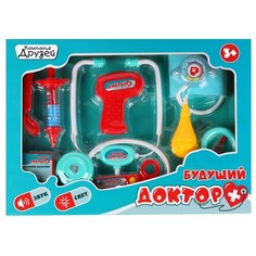Игровой набор для детей ТМ "Компания Друзей", Серия "Будущий Доктор", игрушка для детей, развивающая игрушка, обучающая игрушка, на батарейках, 9 предметов: стетоскоп, градусник, шприц, тонометр, ножницы, история болезни и др., набор для игры в доктор