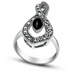 Silver WINGS Кольцо с ониксами и марказитами из серебра 210017-39-228, размер 18