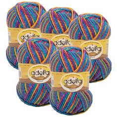 Пряжа Adelia Nelly секционного окрашивания, 70 % шерсть, 30 % акрил, 100 г, 100 м, 5 шт., №27 морская волна-желтый-фуксия