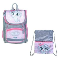 Ранец Стандарт Сalligrata Первоклашка 36*26*16 +мешок дев "Котик" серый/розовый 3947944 Calligrata