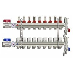 Коллекторная группа Tim (KA009) 1", 9 вых., расходомер, воздухоотводчик, сливной кран, термометр