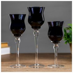 Подсвечник стекло набор 3 шт "Вуаль" высота 26см, 23 см, 20 см чёрный 4104810 Сима ленд