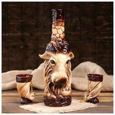 Коньячный набор "Коза", 3 предмета, штоф 1.4 л, 2 рюмки 120 мл 2920601 Керамика ручной работы