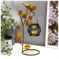 Подсвечник металл на 1 свечу "Цветущее дерево с птицами" чёрная с золотом 28х14х10 см 5169122 Сима ленд