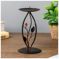 Подсвечник металл на 1 свечу "Веточка с красной ягодкой" чёрный 16,5х8,3х8,3 см 4104940 Сима ленд