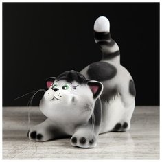 Копилка "Кот Афоня", флок, серая, 17 см 1502123 Керамика ручной работы