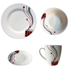 Набор посуды с черно-красными узорами, 5 чашек, 5 глубоких тарелок порционных, 5 десертных блюдец, 5 тарелок, белый, 28х18х28 см, MARMA MM-SET-08
