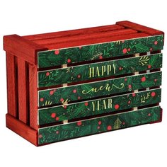 Дарите счастье Ящик деревянный Happy new year, 21 × 33 × 15 см зеленый/красный