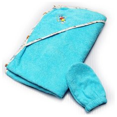 ЛЕС ТЕКСТИЛЬ Blue 90см*90см Полотенце уголок детское с цветной окантовкой и варежкой