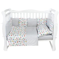 Комплект в кроватку 15 предметов (3+12 подушек-бортиков) AmaroBaby Дорога, белый/серый (поплин)