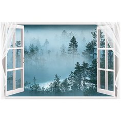 Фотообои Открытое окно с видом на лес в тумане/ Красивые уютные обои на стену в интерьер комнаты/ 3Д расширяющие пространство над кроватью или над столом/ На кухню в спальню детскую зал гостиную прихожую/ размер 200х129см/ Флизелиновые