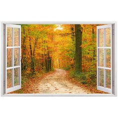 Фотообои Окно с видом на дорогу в осеннем лесу/ Красивые уютные обои на стену в интерьер комнаты/ 3Д расширяющие пространство над кроватью или над столом/ На кухню в спальню детскую зал гостиную прихожую/ размер 200х129см/ Флизелиновые