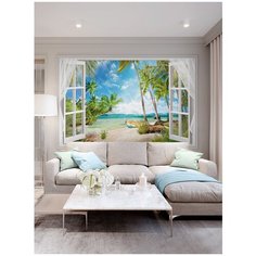 Фотообои Открытое окно с видом на морской пейзаж с пальмами/ Красивые уютные обои на стену в интерьер комнаты/ 3Д расширяющие пространство над кроватью или над столом/ На кухню в спальню детскую зал гостиную прихожую/ размер 200х129см/ Флизелиновые
