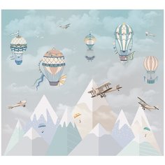 Фотообои Рисунок с горами, самолетами, воздушными шарами/ Красивые уютные обои на стену в интерьер комнаты/ Детские для мальчика для девочки, для подростков/ В детскую спальню/ размер 300х270см/ Флизелиновые