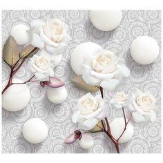 Фотообои 3D белые розы и шары на сером фоне с кругами/ Красивые уютные обои на стену в интерьер комнаты/ 3Д расширяющие пространство над кроватью или над столом/ На кухню в спальню детскую зал гостиную прихожую/ размер 300х180см/ Флизелиновые