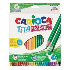 Карандаши цветные стираемые с резинкой CARIOCA "Erasable", 24 цвета, пластик, шестигранные, заточенные, 42938, 1 шт.