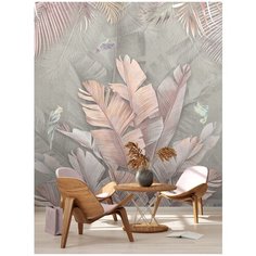 Фотообои флизелиновые Топ Фотообои Розово-бежевые листья и птицы на сером фоне 200х270 (ШхВ) серо-бежевый/светло серо-зеленый/розово-коричневый/розовато-серый/светло-серый
