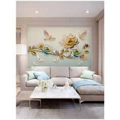 Фотообои флизелиновые Топ Фотообои Барельеф с 3D цветами и птицами на ветке 200х129 (ШхВ) светло-бежевый/светло-зеленый/светло-оранжевый/персиковый/белый