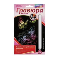 Гравюра с эффектом голографии малая "Красивые бабочки", 10х15 см, основа, штихель, LORI, Гр-226, 4 шт.