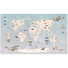 Фотообои флизелиновые Топ Фотообои Карта для детей с воздушными шарами 300х180 (ШхВ) бирюзовый/серо-коричневый/светло-серый/бежевый/светло-песочный