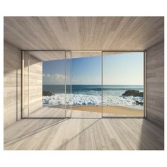Фотообои флизелиновые Design Studio 3D Вид из окна на прибой 3х2.5м голубой/белый