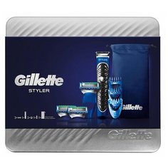 Триммер Gillette подарочный набор в металлической коробке Styler c 3 сменными кассетами, 3 насадками и сумкой-чехлом, черный/синий